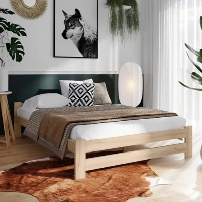 Abbildung von Home Collective Holzbett mit Lattenrost Modern Bett Kiefer Bettgestell Massivholzbett Klassisch (90x200, 120x200, 140x200, 160x200 cm), Doppelbett, Skandi Boho Landhaus Kopfteil flach 140x200 cm natur