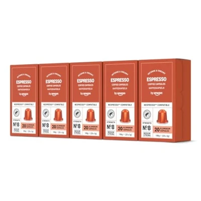 Abbildung von by Amazon Espresso Kaffeekapseln aus Aluminium, kompatibel mit Nespresso, leicht geröstet, 100 Stück (5 Packungen je 20 Stück) Rainforest Alliance zertifiziert