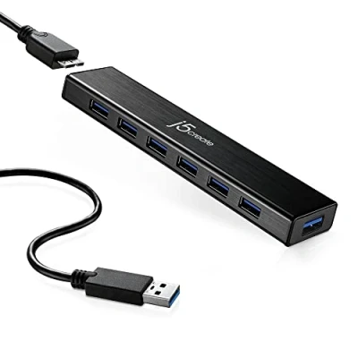 Abbildung von j5create 7 Port Powered USB 3.0 Data Hub mit 1m Verlängerungskabel [20W Netzteil mitgeliefert] für Mac, MacBook, Windows, Laptop, Surface, XPS, PC (JUH377)