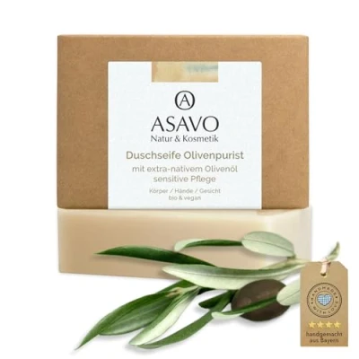 Abbildung von ASAVO Premium Olivenölseife, handgemachte BIO Seife mit extra nativem Olivenöl, 100% Naturseife, Olivenseife ohne Parfümzusatz, vegan, 95g