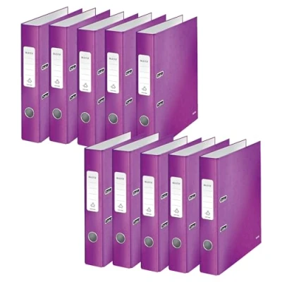 Abbildung von Leitz Qualitäts Ordner 180, 10er Pack, A4, schmal, 5,2 cm Rückenbreite, laminierte Graupappe, Violett, WOW Serie, Design kann variieren, 10060062