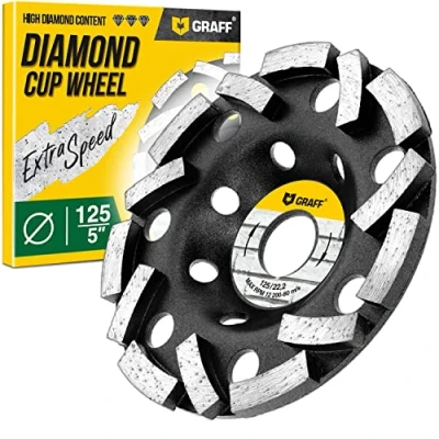 Abbildung von GRAFF Diamant Schleifscheibe 125 mm für Winkelschleifer Schleiftopf Stein, Beton, Fliesenkleber, Granit, Mauerwerk Extra Speed Schleifteller