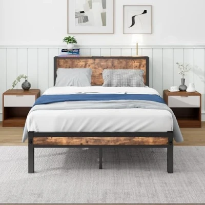 Abbildung von Diahomy Modern Metallbett Bettgestelle mit Lattenrost, Doppelbett/Einzelbett, Bettrahmen Kopfteil 120 x 200 cm Braun