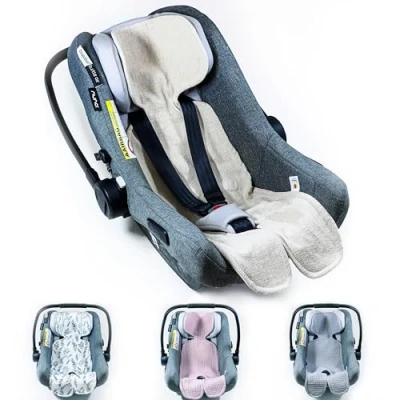 Abbildung von Atmungsaktive Sitzauflage für Babyschale Kinderautositz Kinderwagen Antischwitz, universal Gruppe 0+ (0 13kg) I (9 18kg) (LEINEN_BEIGE)