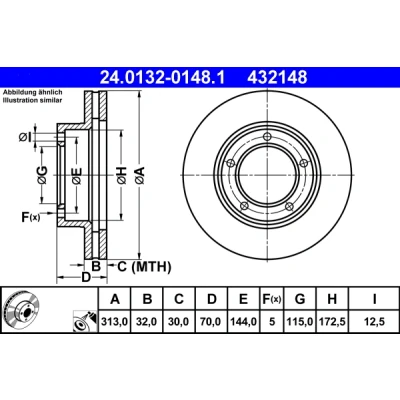 Abbildung von ATE 24.0132 0148.1 Bremsscheibe 313,0 32,0 5 144,0 Belüftet beschichtet TOYOTA: Land Cruiser 100, Prado 70 SUV