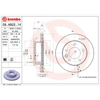 Abbildung von BREMBO 09.A922.14 Bremsscheibe 285 22 5 innenbelüftet hochgekohlt MERCEDES BENZ: Sprinter 4 T Bus, 3 Kastenwagen