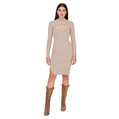 Abbildung von Trendyol Damen Baby Overlock Detailed Bodycone Midi Knitting Dress Kleid, Stein, XL