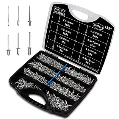 Abbildung von CCLIFE 1000tlg Nieten Alu Blindnieten Sortiment Popnieten Stahlniete 2,4 3,2 4 4,8mm