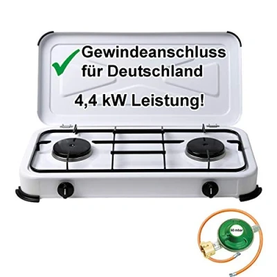 Abbildung von Campingkocher Gaskocher 2 flammig Gasherd 50 mbar mit Gasschlauch und Gasregler