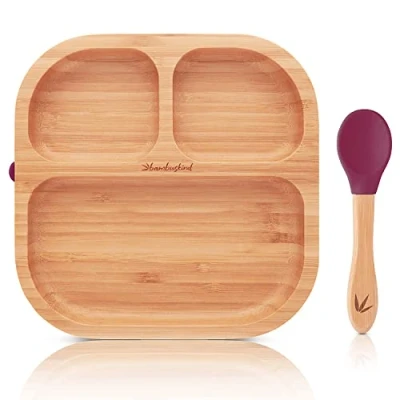 Abbildung von bambuskind Kinderteller mit Saugnapf kirsche I Inkl. Rezepte Ebook rutschfester Babyteller aus Bambus Löffel Kindergeschirr Set zum Essen lernen ohne schädliche Kunststoffe