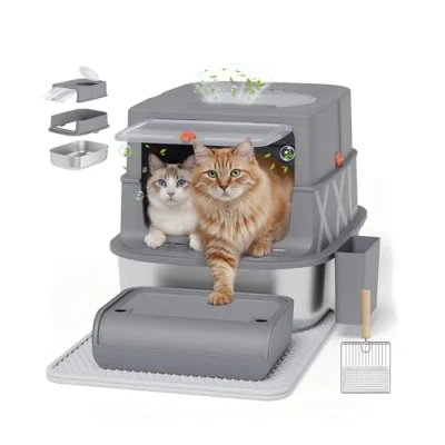 Abbildung von Edelstahl Katzenklo mit Deckel, Geruchsfreie Geschlossene Katzentoilette für Große Katzen, Leicht zu Reinigen Abnehmbares Metall Katzen Klo Schaufel, Sieb Trittbrett und Anti Streu Matte