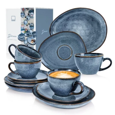 Abbildung von SÄNGER Kaffeeservice Darwin Kaffeetassen Set (12 tlg), 4 Personen, Steingut, Handmade, 300 ml, Blau, Premium Collection