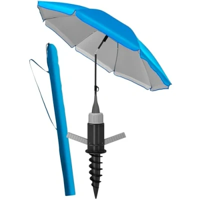 Abbildung von 4smile Sonnenschirm Strand SunnyJoy 3 IN 1 SET, Fb. Blau Strandschirm Ø 200 cm + Bodenhülse Schutzhülle windfest stabil, mit UV Schutz 50+