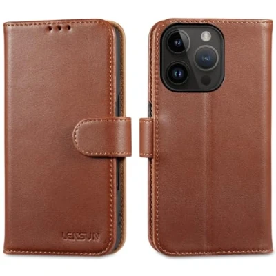Abbildung von LENSUN Echtleder Hülle iPhone 16 Pro 5G, Handyhülle Echt Leder [Standfunktion][RFID Blocker][Kartenfach] Stoßfest Handytasche Lederhülle für Dunkel Braun