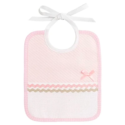 Abbildung von Filet Lätzchen aus Weichem Stoff mit Rosafarbenem Rautenmuster und Einer Aida Tasche zum Besticken, Ideal Schutz der Kleidung des Babys, 100% Made in Italy, Farbe Rosa