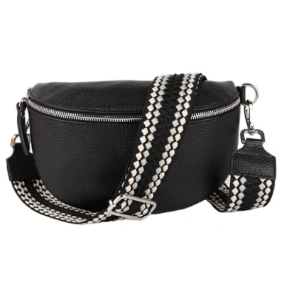 Abbildung von MIRROSI® Bauchtasche Damen, Echtleder, Made in Italy, Umhängetasche, Brusttasche, Crossbody Bag (1 Tasche &amp; 2 Gurte) (Schwarz (Pünkchen Schwarz), Mittelgroße (25x16x7cm))