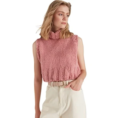 Abbildung von TRENDYOL Damen Bicycle Collar Knitwear Sweater Rundhalsausschnitt Ärmellos Puder Strickweste, Pulver, S