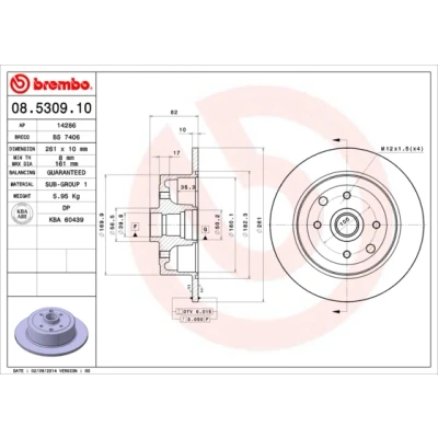 Abbildung von BREMBO 08.5309.10 Bremsscheibe 261 10 4 voll OPEL: Kadett E CC, Calibra A, Vectra A Limousine