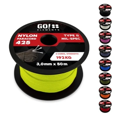 Abbildung von GO!elements 50m Paracord Seil aus reißfestem Nylon 3mm 425 Typ II max. 192kg Schnüre als Outdoor Seil, Allzweckseil, Survival Armband, Hundeleine, Nylonschnur, Farbe: Neon