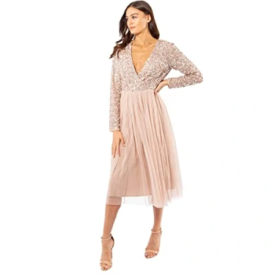 Abbildung von Maya Deluxe Damen Dames Wedding Guest Midi Jurk met lange mouwen en V hals Brautjungfernkleid, Taupe Blush, 28 EU