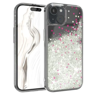 Abbildung von EAZY Case Glitzer Hülle kompatibel mit iPhone 15 Handyhülle für Silikon leichtes Shiny Cover stoßfestes Phone als Fallschutz in Klar Transparent/Silber