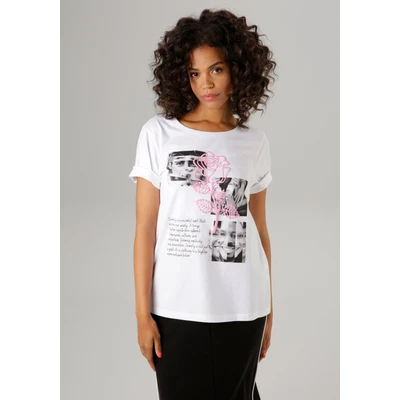 Abbildung von Aniston CASUAL T Shirt mit Rose verzierter Diversity Frontprint NEUE KOLLEKTION