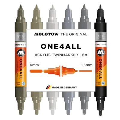 Abbildung von Molotow One4All Acrylic Twin Marker Grey Set (1,5 und 4,0 mm Strichstärke, hochdeckend permanent, schnell trocknend, nachfüllbar, für fast alle Untergründe) 6 Stück sortiert