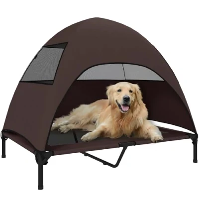 Abbildung von PawHut Hundeliege Outdoor mit Dach, Erhöhtes Hundebett für Große Hunde, Kühlendes Haustierliege Waschbares Mesh Metallrahmen Tragtasche, Haustierbett Draußen Camping 106x76x99cm, Kaffee