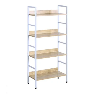 Abbildung von WOLTU Standregal mit 4 Ablagen Bücherregal Küchenregal Badregal aus Holz und Metal, Regale für den Abstellraum 60 x 27,5 126 cm Weiß + Hell Eiche RGB9304hei