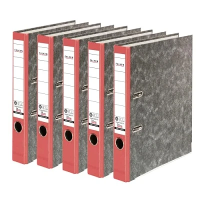 Abbildung von Original Falken 5er Pack Recycling Ordner Wolkenmarmor. Made in Germany. 5 cm schmal DIN A4 roter Rücken Ringordner Aktenordner Briefordner Büroordner Pappordner CO2 Neutral Blauer Engel