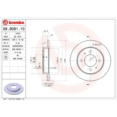Abbildung von BREMBO 08.9081.10 Bremsscheibe 258 10 4 voll HYUNDAI: Matrix, COUPE, Elantra III Schrägheck