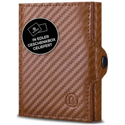 Abbildung von RUTAKO Slim Wallet mit Münzfach &amp; RFID Schutz Kartenetui Herren Damen Kreditkartenetui klein Mini Geldbörse Portmonee Portemonnaie Geldbeutel Carbon Cognac