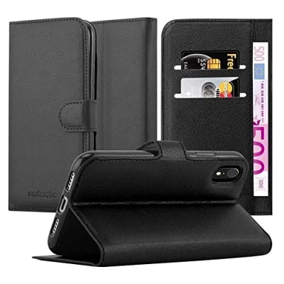 Abbildung von Cadorabo Hülle kompatibel mit Apple iPhone XR Handyhülle aus Premium Kunst Leder Flip Klappbare Stoßfeste Magnetische [Standfunktion] [Kartenfächern] Cover für Tasche in Schwarz