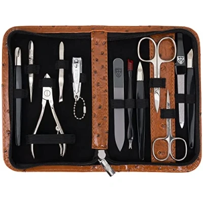 Abbildung von DREI SCHWERTER 12 tlg. Nagel Set &#039;Palermo&#039; Hochwertiges Maniküre &amp; Pediküre Etui: Farbe: Kunst Leder Strauss Cognac Inhalt: Instrumente inkl. Nagelschere, Nagelknipser, Glasfeile etc.