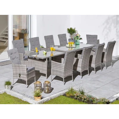 Abbildung von KONIFERA Garten Essgruppe &quot;Belluno&quot;, (Set, 21 tlg., 10x Sessel, 1x AZ Tisch 179 300x73/89cm, inkl. Auflagen, Polyrattan), 2 der 10 Sessel stufenlos verstellbar, Tischplatte aus Sicherheitsglas
