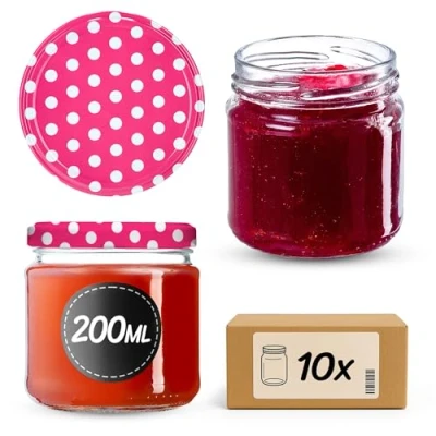 Abbildung von KADAX Kleine Einmachgläser 200 ml, Marmeladengläser, fi66 mm, Minigläser für Honig und Gewürze, Luftdichte Gläschen, Einweckglas, Gläser, Einweckgläser, Rundgläser (10 Stück, Rosa gepunktet)