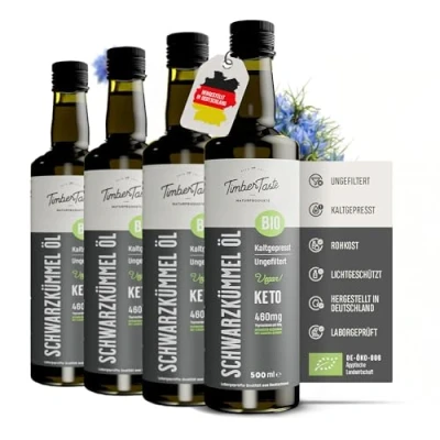 Abbildung von Schwarzkümmelöl bio kaltgepresst, 2000 ml, naturrein, 4600 mg/kg Thymochinon Gehalt, Nigella Sativa, Ägyptisches Schwarzkümmelöl, Black Seed Oil 4 x 500 ml
