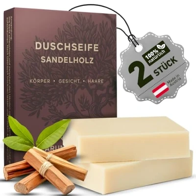 Abbildung von larum sports feste Duschseife Männer Sandelholz, festes Duschgel, Seife für Haare, Körper, Gesicht, Shampoo Männer, Herren Naturseife 2x Stück à 85g