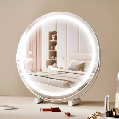 Abbildung von VEVOR Hollywood Schminkspiegel mit Beleuchtung φ513mm, LED Kosmetikspiegel, 3 Farbbeleuchtungsmodi, 5 facher Vergrößerung, Smart Touch Steuerung, 360 Drehbar, für Schlafzimmertisch (weiß)