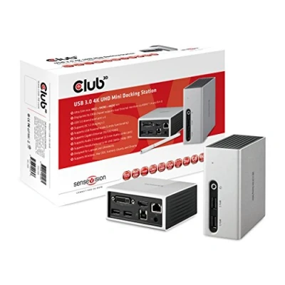 Abbildung von Club 3D SenseVision USB 3.0 4K Mini Docking Station 1x HDMI UHD, DVI D, 4x USB3.0, 2x BC 1.2 Schnelladen, RJ45, 2.1ich /Mich, LED Funktionsleiste, Aluminium/schwarz