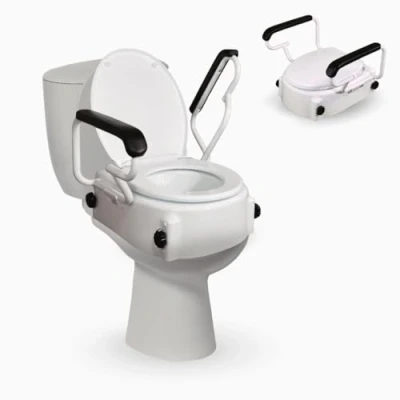 Abbildung von Mobiclinic®, Toilettensitzerhöhung Mit Armlehnen, Tajo, 19 cm, Deckel, Verstellbar, Kippbar, Klappbare Toilettenlift für ältere und behinderte Menschen, Toilettenerhöhung, Weiß