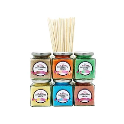 Abbildung von Zuckerwatte Zucker 6 x 175 Gramm im Glas für Zuckerwattemaschine Inkl.50 Zuckerwattestäbe Bunter Premium Aroma