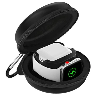 Abbildung von MoKo Ladetasche Kompatibel mit Apple Watch Series 7/6/5/4/3/2/1/SE und Airpods Pro/3/2/1, Tragetasche Reisetasche Schutzbox Karabiner, Aufbewahrung Ladestation Ständer Halterung Schwarz