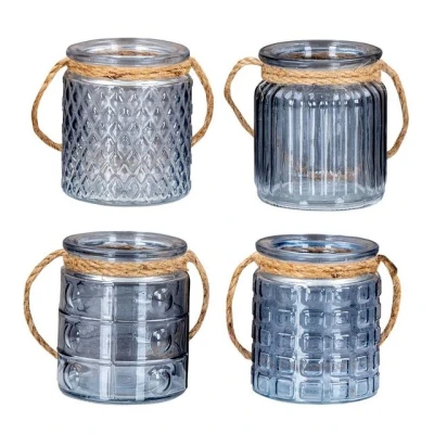 Abbildung von levandeo 4er Set Windlicht H10cm Glas Blau Teelichthalter Tischdeko Kerzen Deko Retro Kerzenhalter Flachs