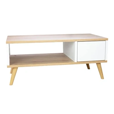 Abbildung von Kleiner Couchtisch Weiß Eiche Minimalistisch Beistelltisch Holz Betttisch Nachttisch schmal auf Holzbeinen Nachtkästchen mit Schublade (Weiß Eiche)