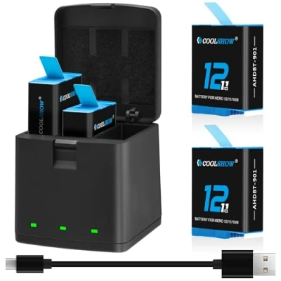Abbildung von COOLSHOW Hero 12 Akku 11 10/9 2 Stück mit 12/11/10/9 Ladegerät Kit 3 Slot Batteriespeicherbox Design Kompatibel GoPro Black,HERO11 10 9 Black