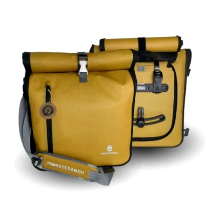Abbildung von MONSTERANDO 3 in 1 Fahrradtasche Business, nachhaltig recyceltes PET Material, geeignet als Gepäckträgertasche, Rucksack und Umhängetasche wasserdicht 25 l Gelb