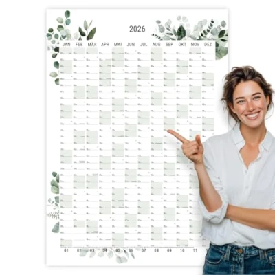 Abbildung von heaven+paper Wandkalender 2026 DIN A1 Hochformat Eukalyptus Jahresplaner Familienkalender &amp; Bürokalender für Tür Wand extra große Felder gedruckt in Deutschland