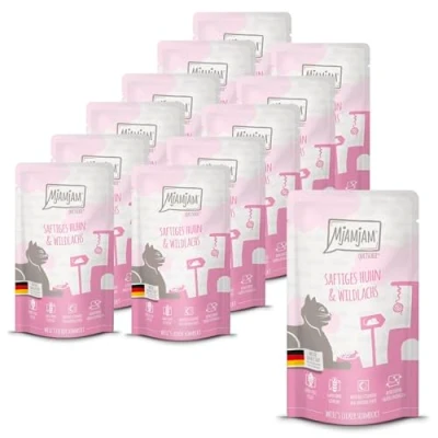 Abbildung von MjAMjAM Premium Nassfutter für Katzen saftiges Huhn und Wildlachs, 12er Pack (12 x 125 g), getreidefrei mit extra viel Fleisch