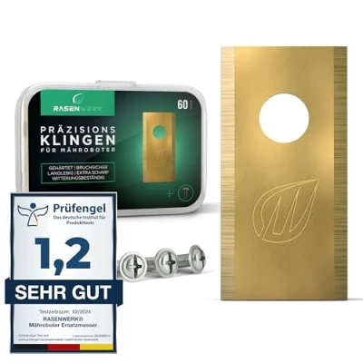 Abbildung von RASENWERK® Hochwertige Mähroboter Messer mit passenden Schrauben Universal Ersatzklingen Ersatzmesser für die Marken WORX, LandXcape, Zoef Robot und Einhell Rasenroboter Messerset 60 Stk.